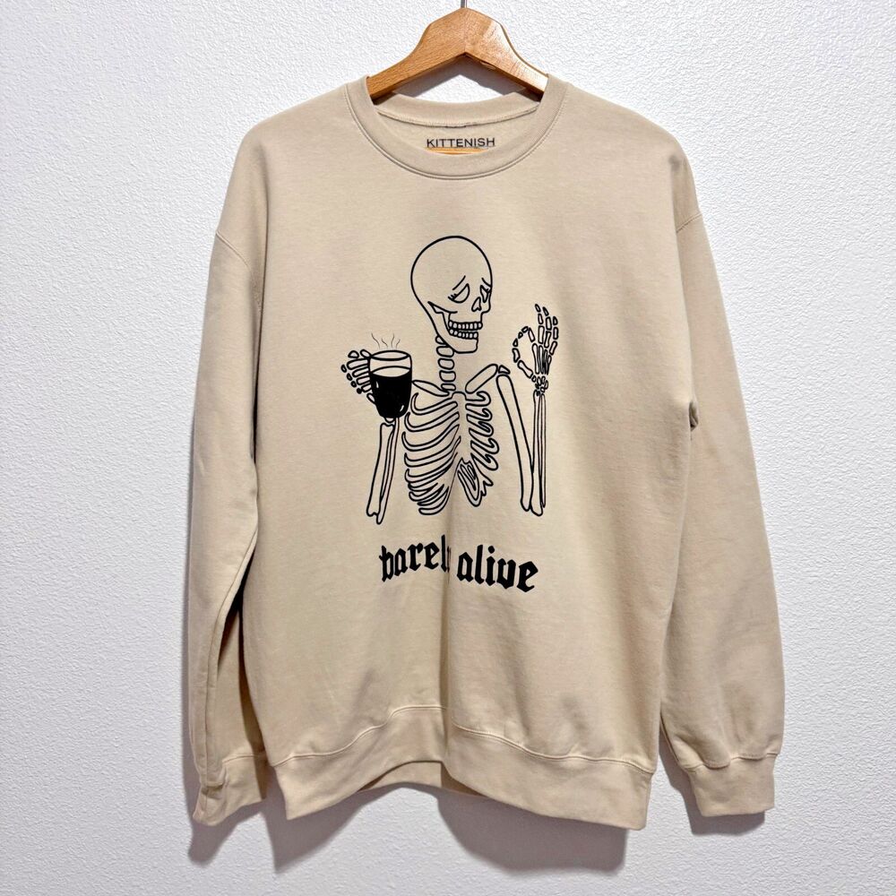 Kittenish Unisex Beige Medium Sweatshirt Cotton 'Barely Awake' Skeleton Print